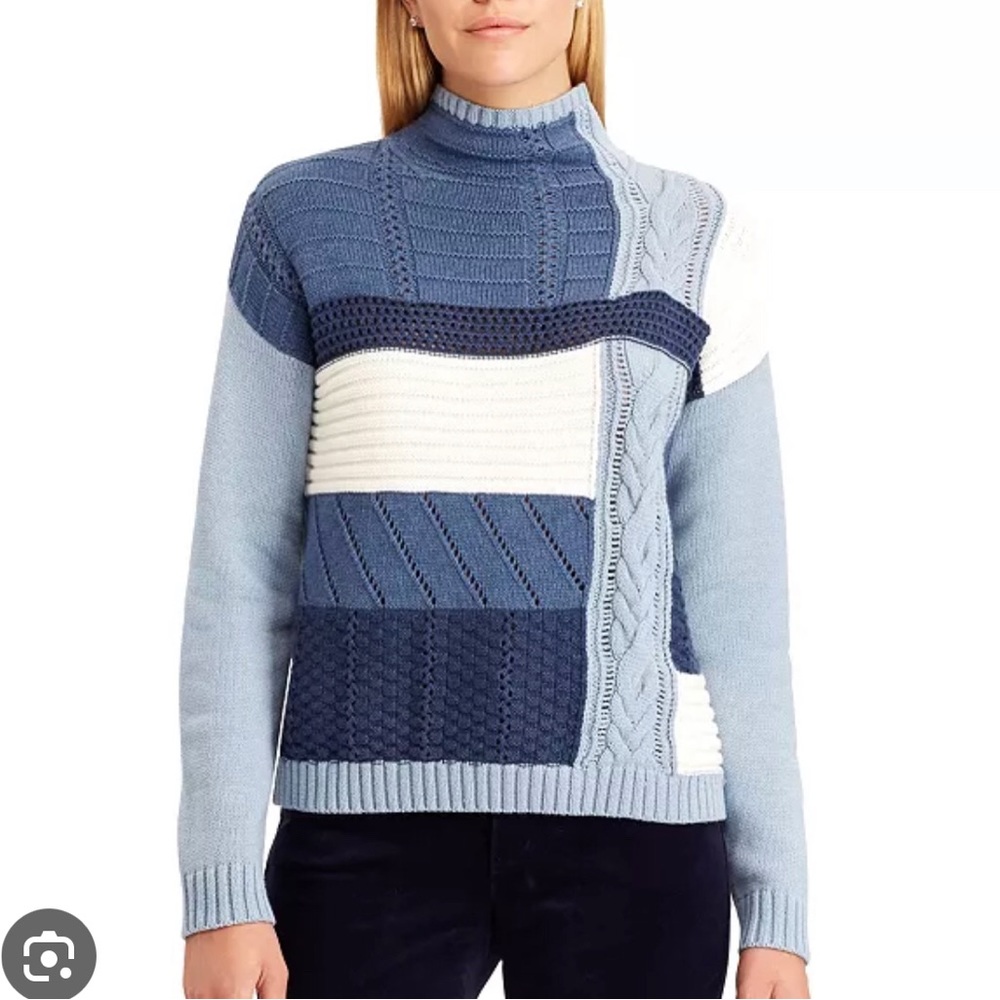 Chaps blue mock neck patchwork style sweater